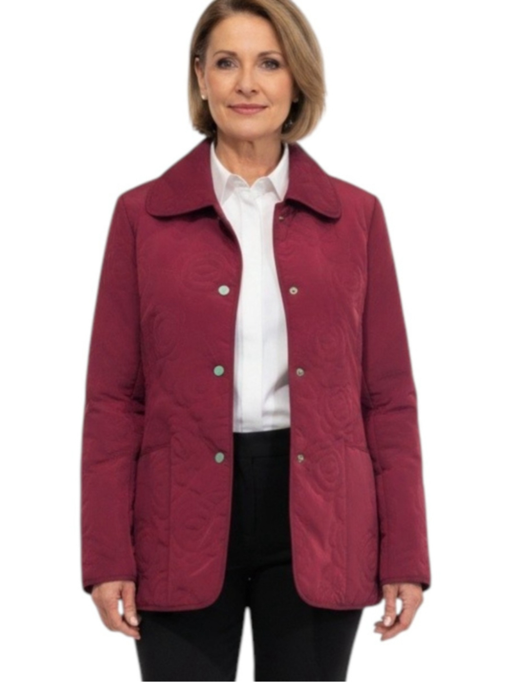 Ellen Tracy Red Quilted Jacket Rose pattern Small